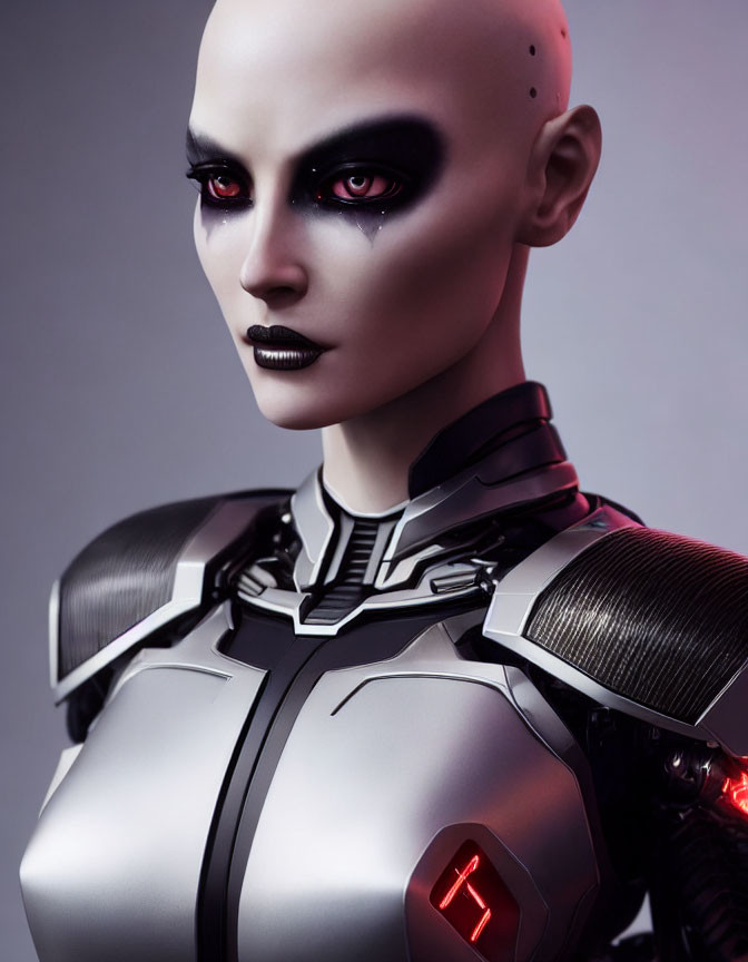 Futuristic female android with bold makeup and sleek armor