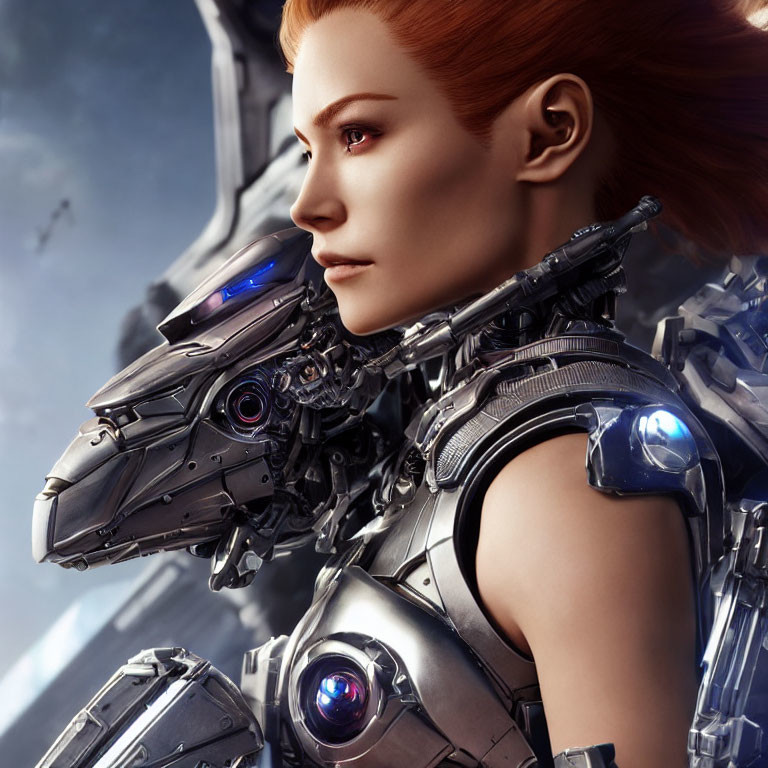 Red-haired woman with cybernetic body in futuristic setting