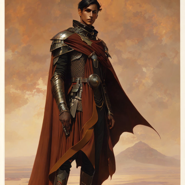 Medieval warrior in detailed armor with red cape against desert backdrop