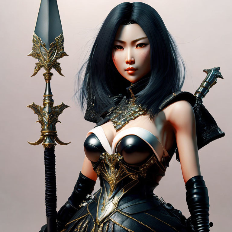 Female warrior with black hair holding a spear in fantasy armor on plain background