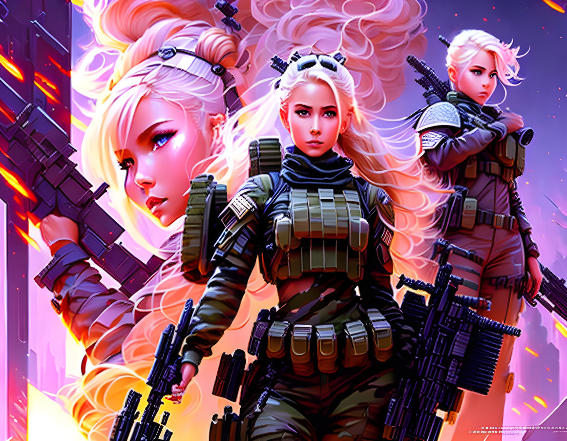 Futuristic female warriors with guns in combat gear against neon backdrop