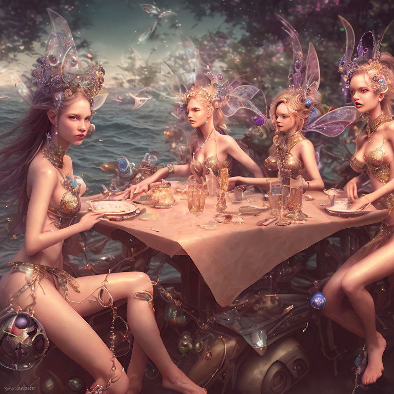 Four fantasy fairies with ornate wings and attire dining in misty landscape