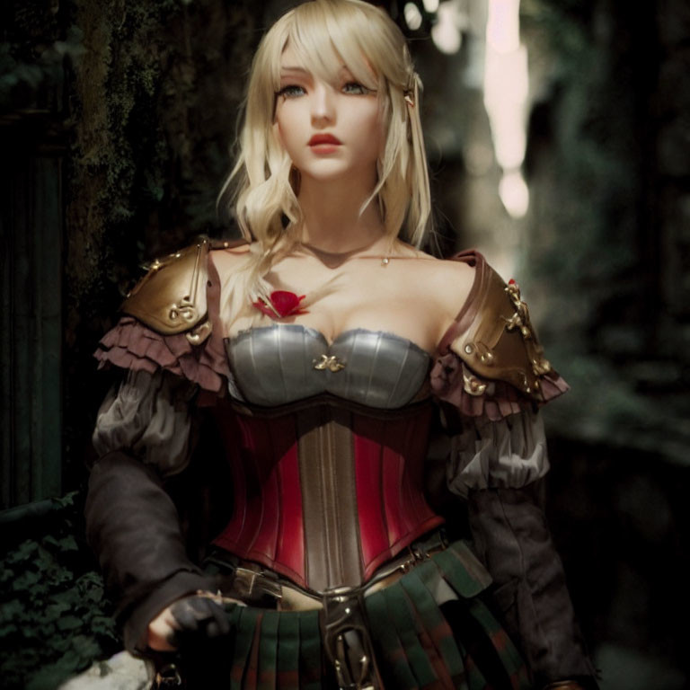 Blonde Female Character in Fantasy Armor Corset on Mossy Background