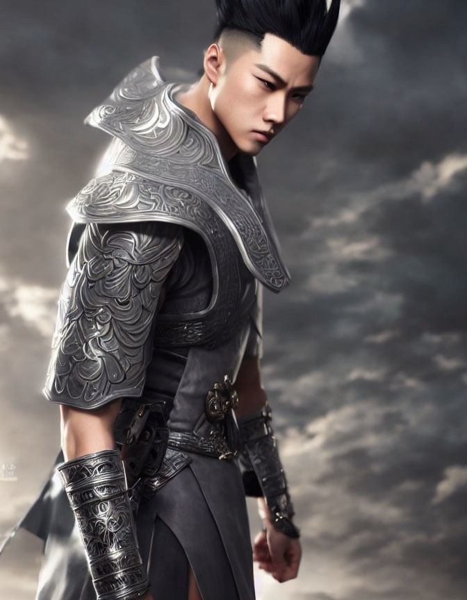 Male warrior in ornate silver armor against dramatic cloudy sky