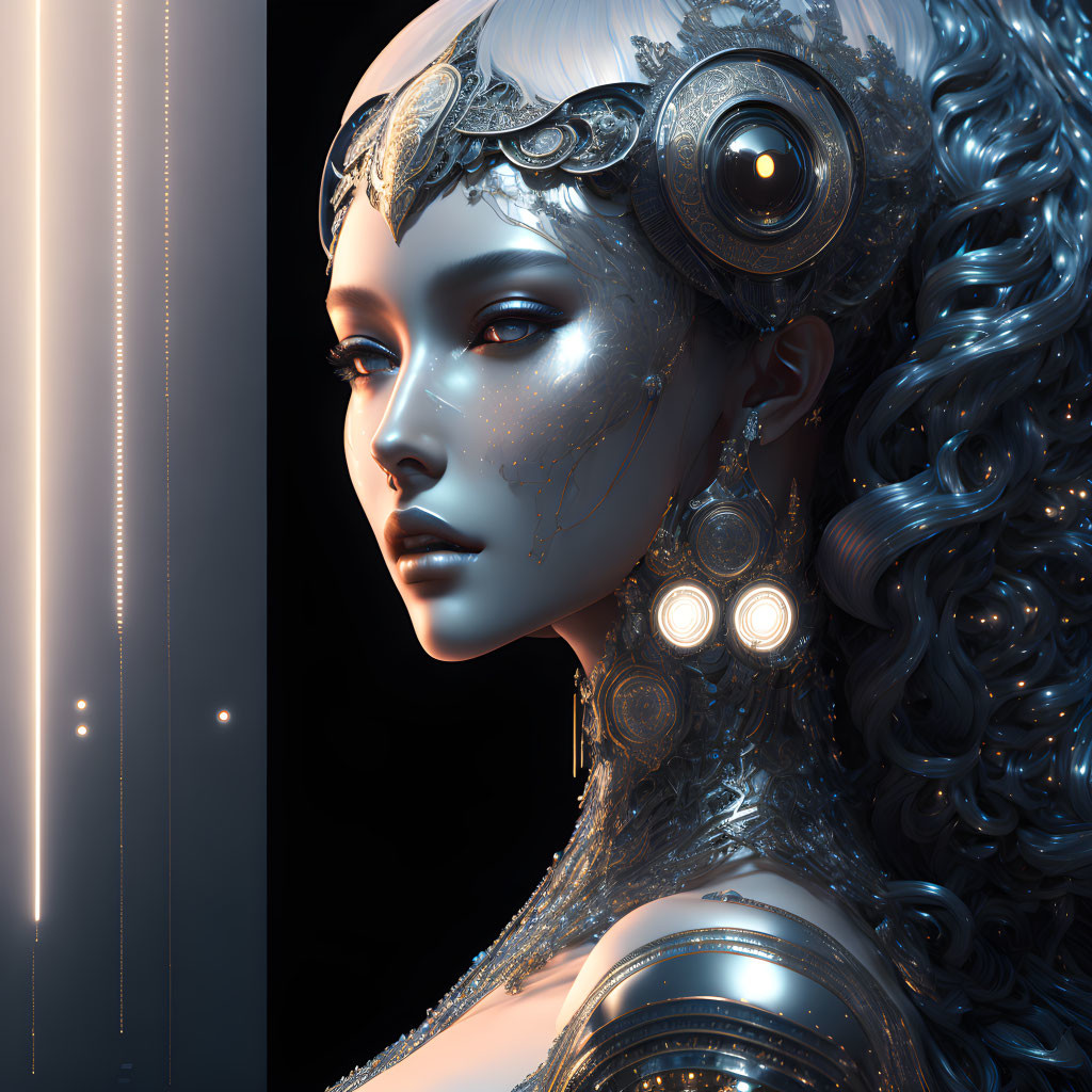 Profile view digital artwork of female figure with mechanical elements and glowing headgear.