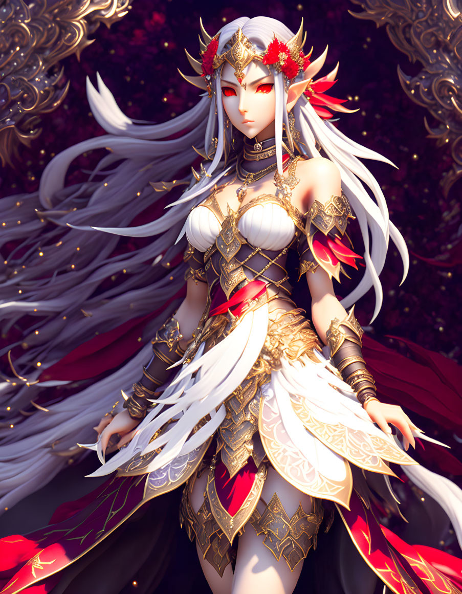 Ethereal animated character in silver hair and gold armor on crimson and purple backdrop