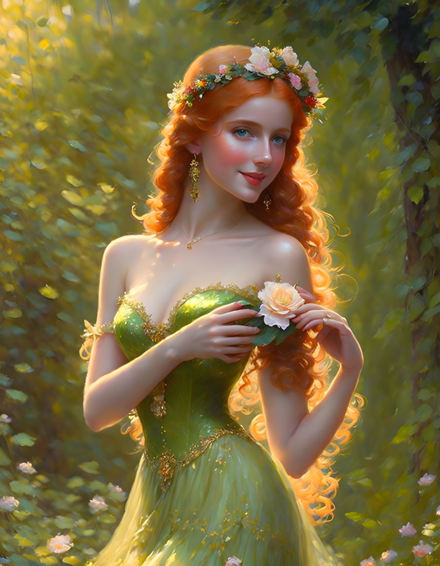 Red-haired woman in green dress with flower crown holding a rose in forest setting