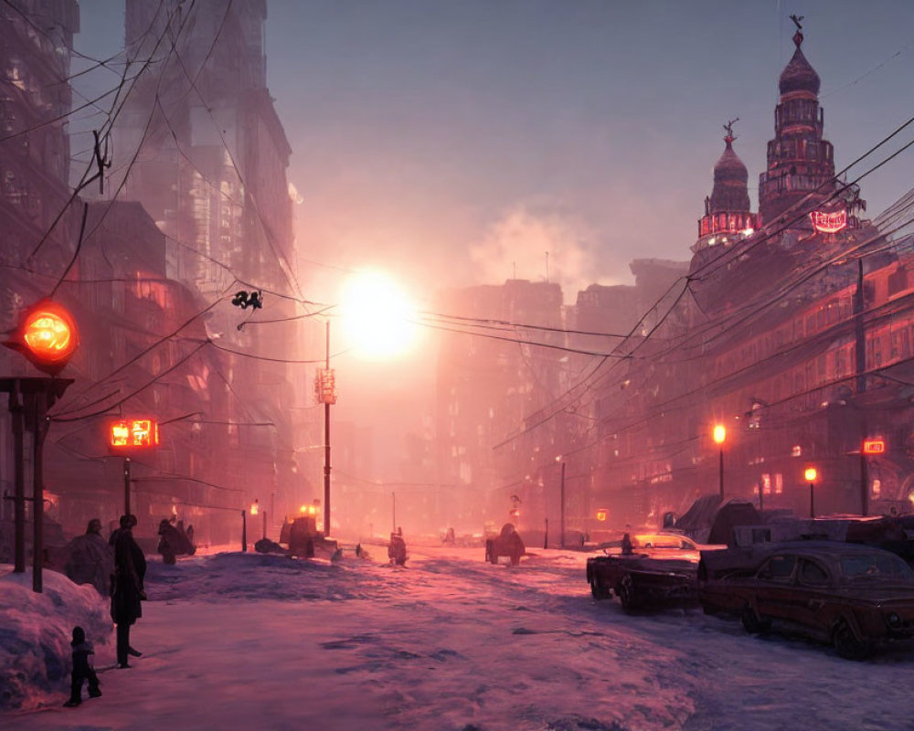 Snowy Dusk Street Scene with Vintage Cars and Pedestrians