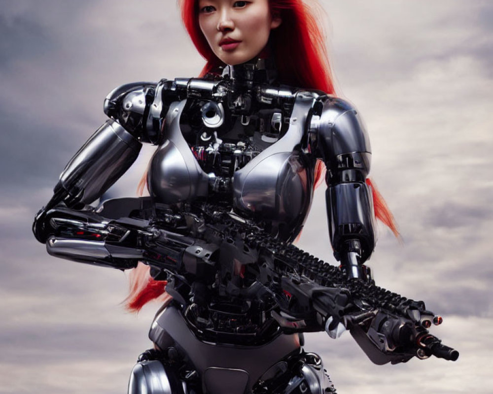 Striking red-haired woman merges with futuristic robotic body holding weapon against moody sky