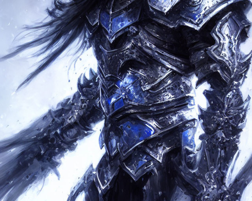 Menacing figure in dark blue armor against snowy backdrop