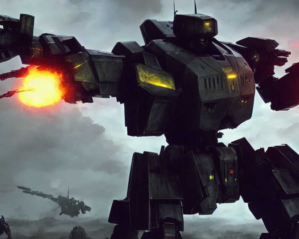 Giant battle mech fires weapon in dark, war-torn landscape