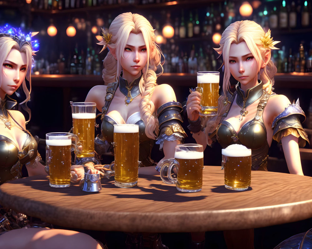 Three blond female animated characters in elaborate armor at a bar with beer steins