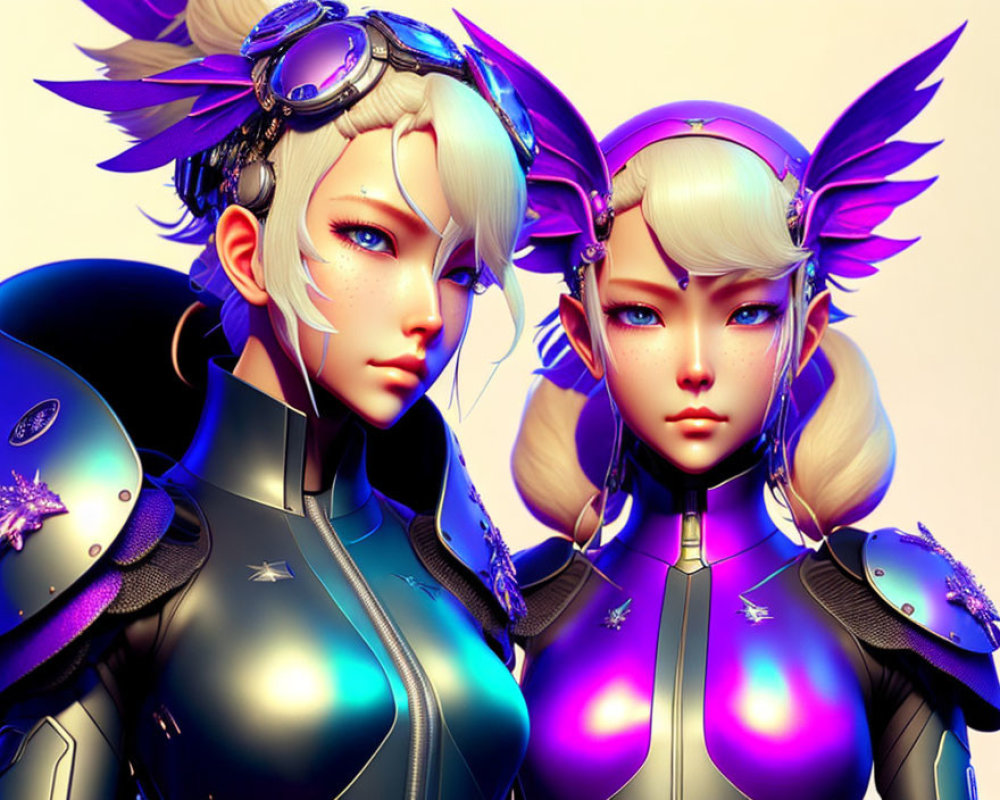 Stylized female characters in futuristic armor with elfin features on beige backdrop