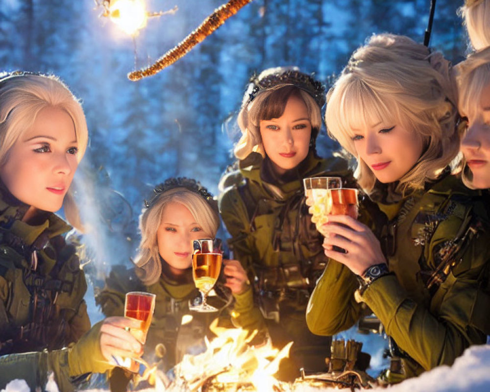 Group of People Drinking by Fire in Snowy Forest Setting