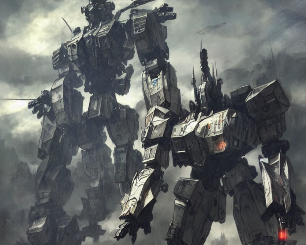 Two detailed mechs in cloudy, desolate landscape with sword.