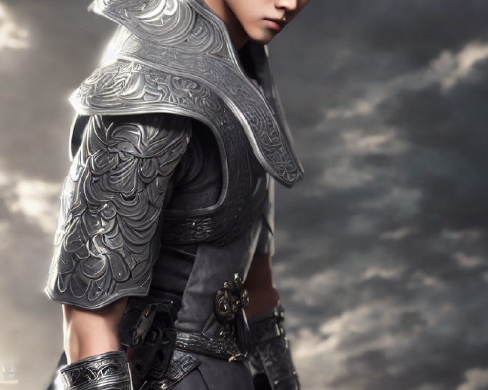 Male warrior in ornate silver armor against dramatic cloudy sky