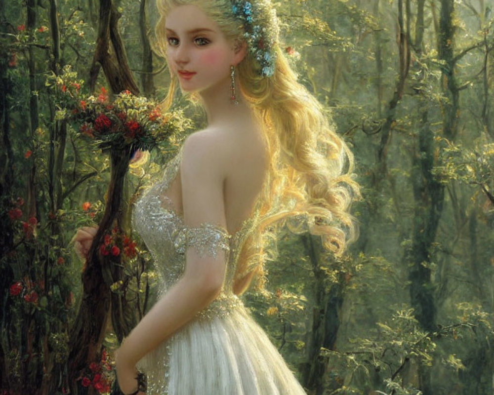 Woman in elegant gown with flowers in hair in sunlit forest.