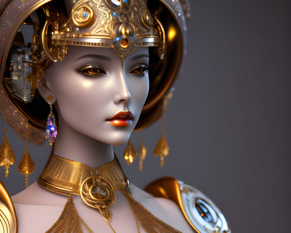 Elegant female figure with golden jeweled headpiece in 3D portrait