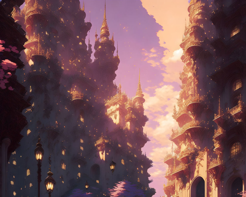 Fantastical cityscape with towering spires and ornate buildings at sunset