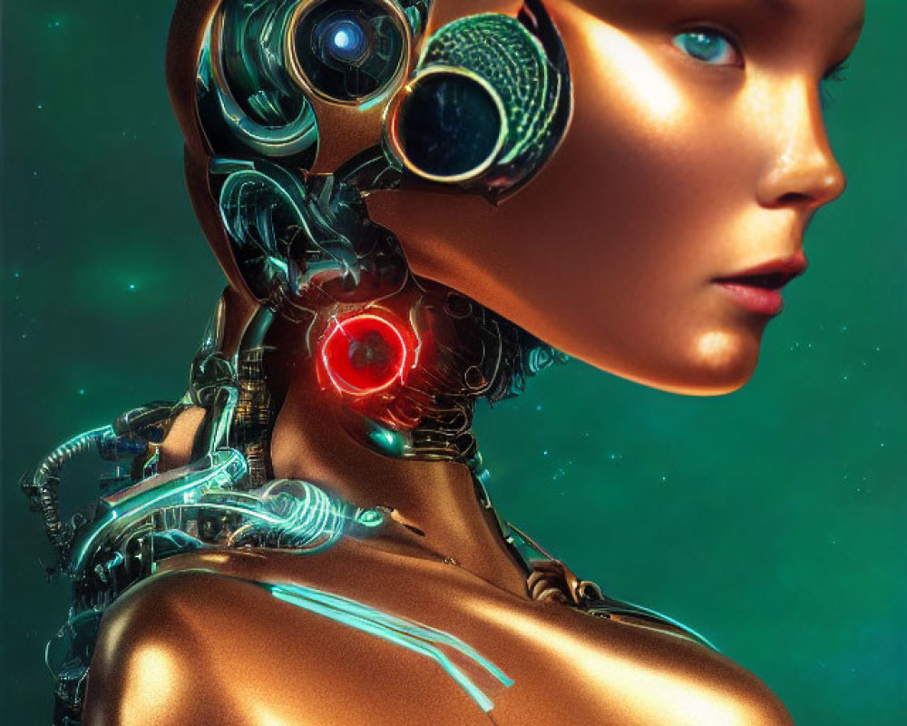 Futuristic robot with human-like face and mechanical parts on teal background