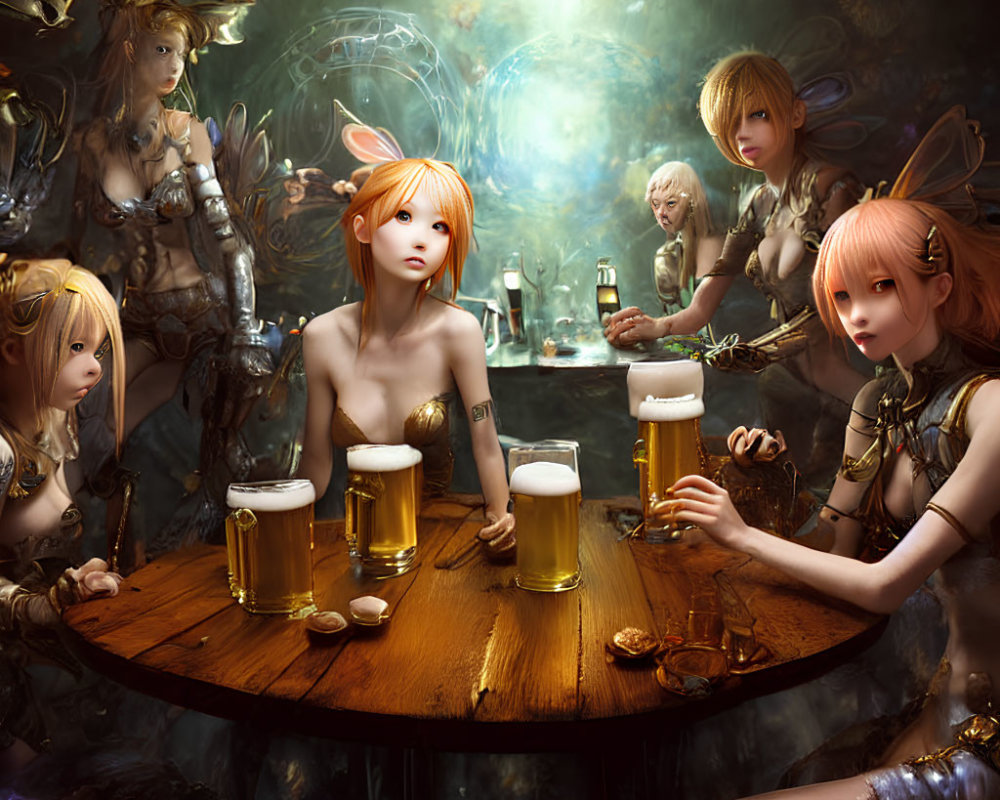 Fantastical animal characters drinking beer in magical tavern