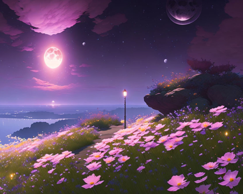 Fantasy landscape with purple sky, two moons, flower-lined path, and lamppost