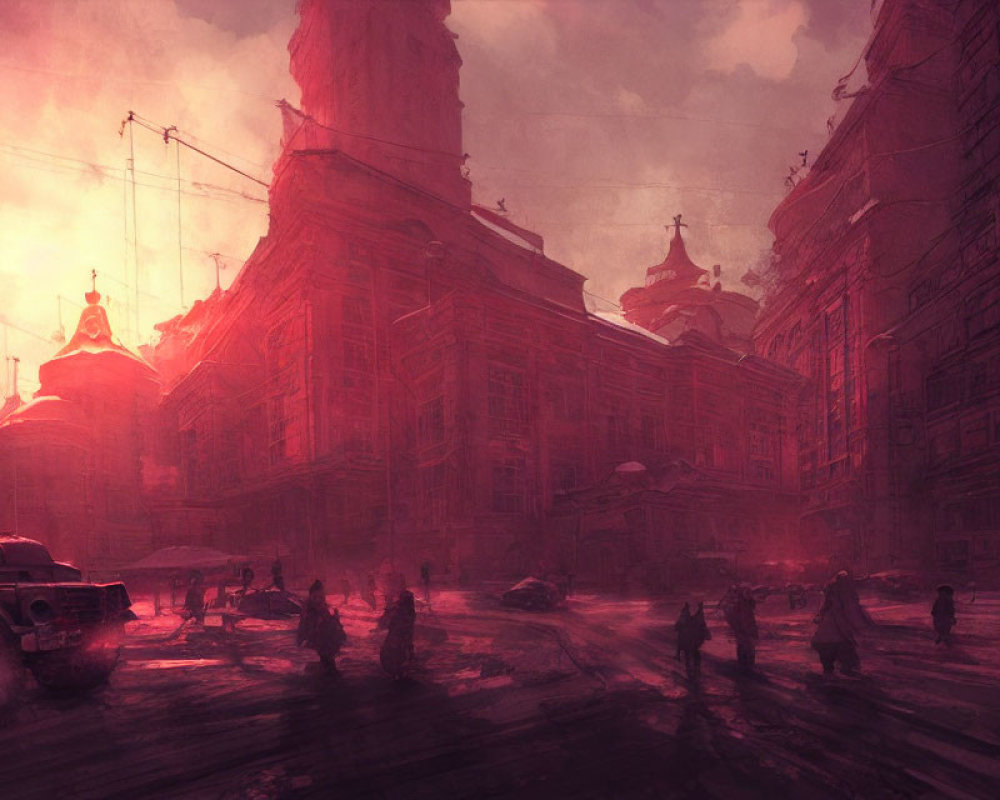 Dystopian cityscape with red haze, silhouetted figures, derelict vehicles,