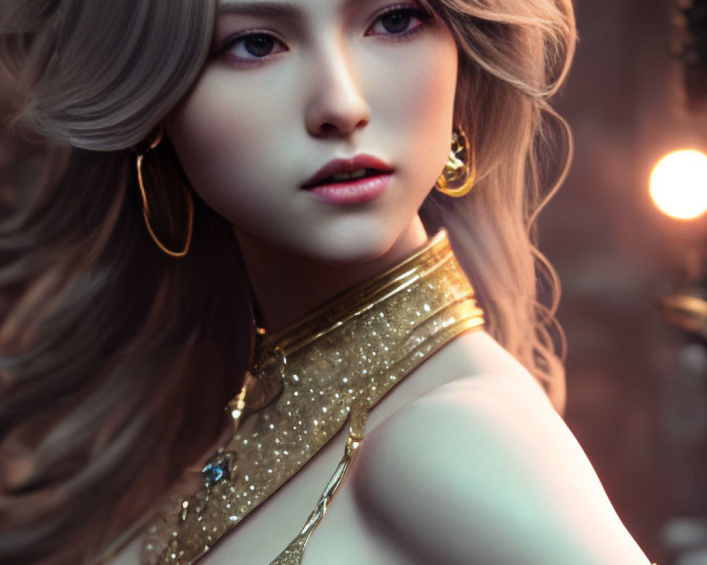 Blonde woman portrait with gold accessories and shimmering attire