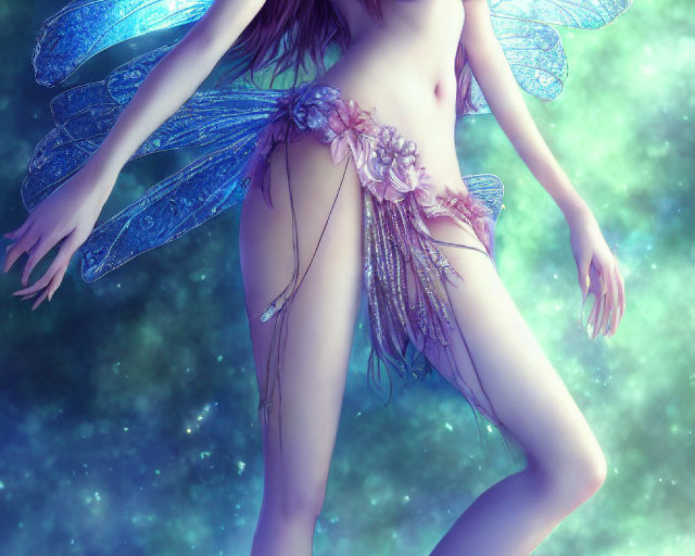 Fantasy female character with purple hair and butterfly wings in cosmic setting