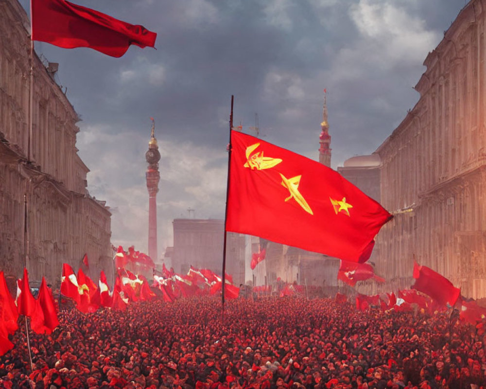 Soviet-themed red flag parade in historic cityscape