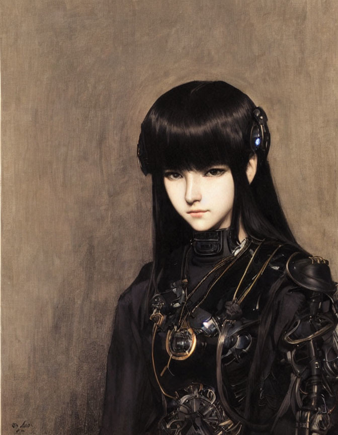 Digital artwork: Young woman with cyberpunk aesthetic, dark hair, pale skin, detailed black outfit.