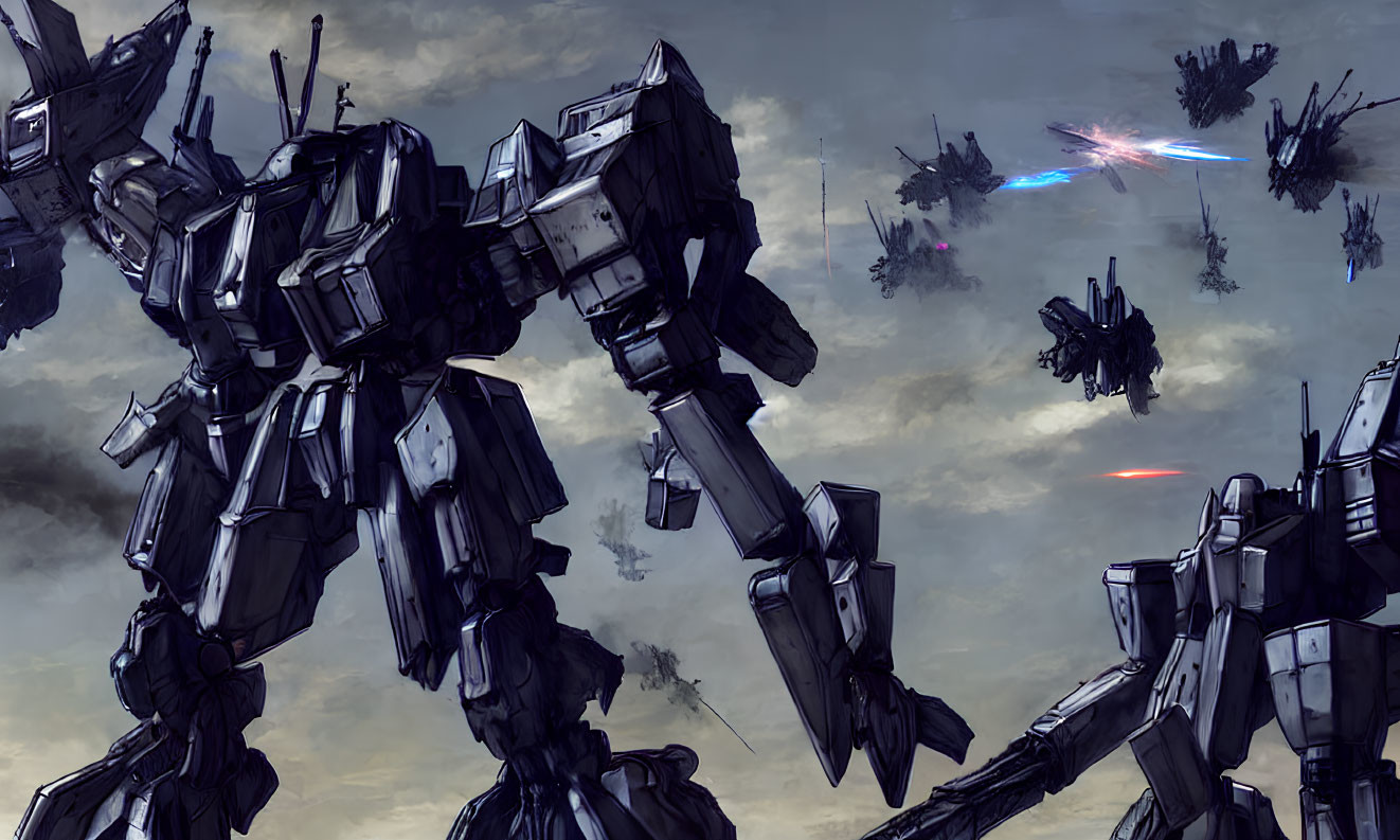 Aerial battle of gigantic robots in stormy sky