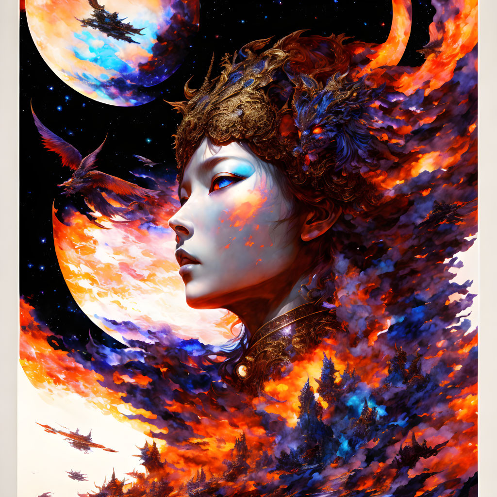 Fantastical portrait with ornate headgear in vibrant cosmic scene