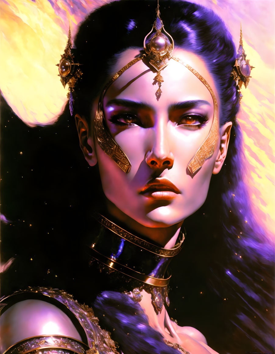 Female warrior in gold armor against cosmic backdrop