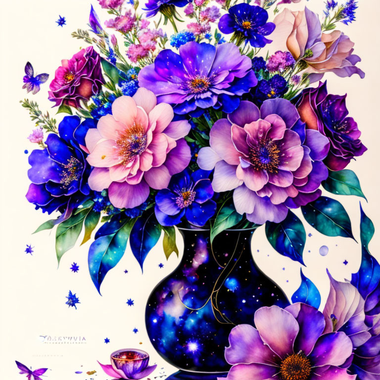 Colorful Purple and Pink Flower Bouquet in Galaxy Vase on White Background