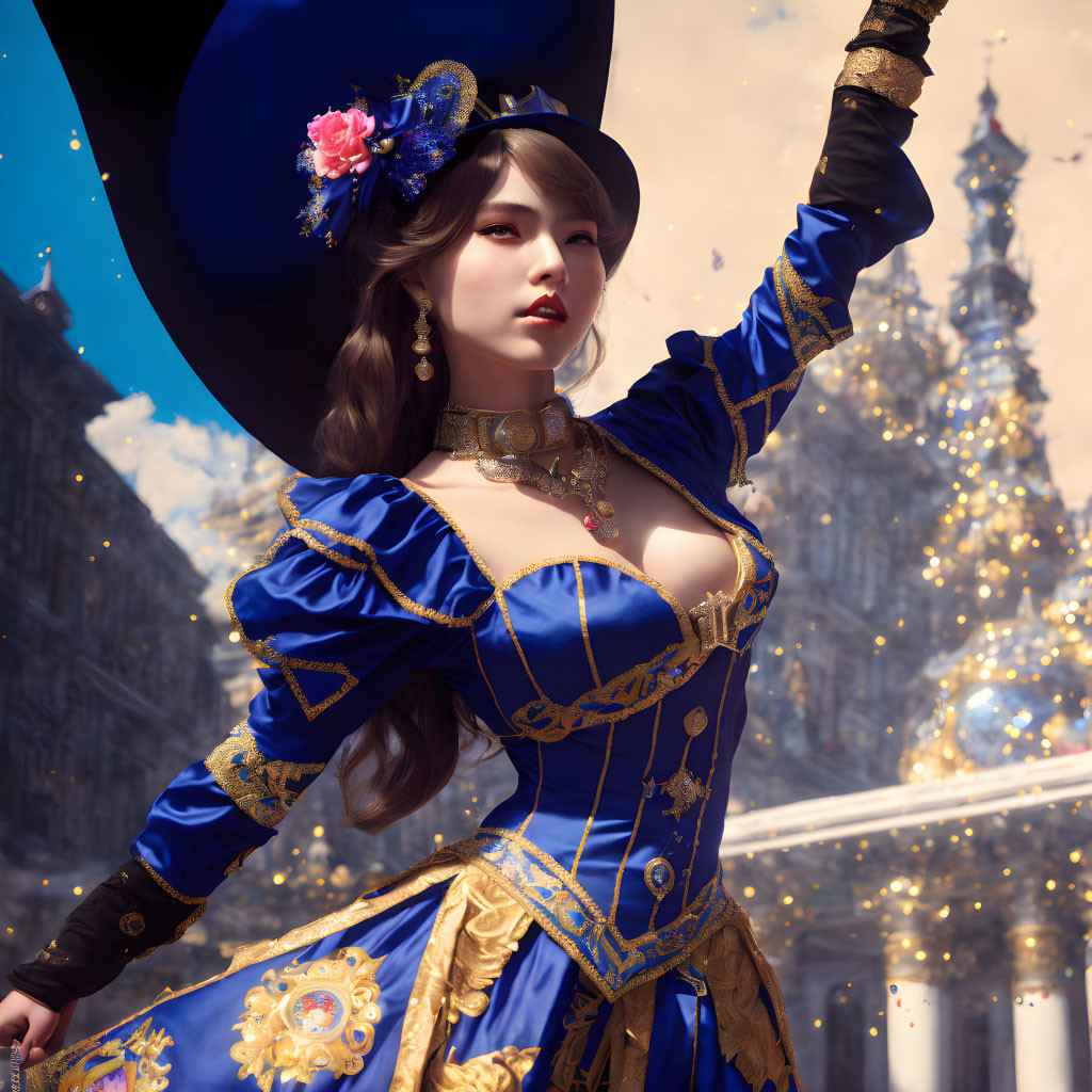 Luxurious Renaissance-style woman in blue and gold dress with wide-brimmed hat and flower, against