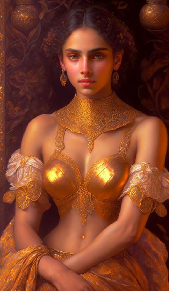 Striking green-eyed woman in ornate golden attire against warm backdrop