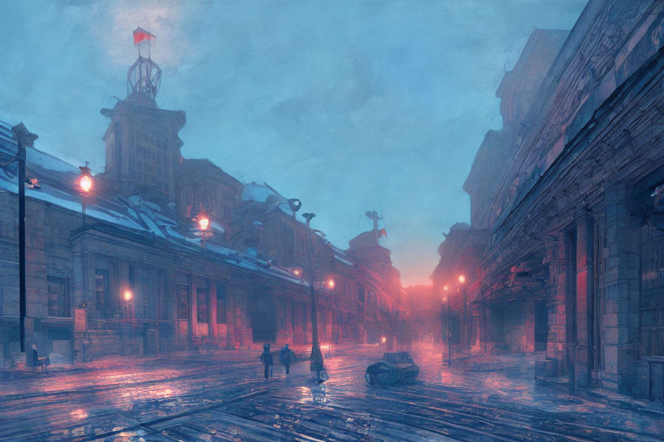 Neo-classical train station scene at dusk with misty atmosphere and silhouetted figures