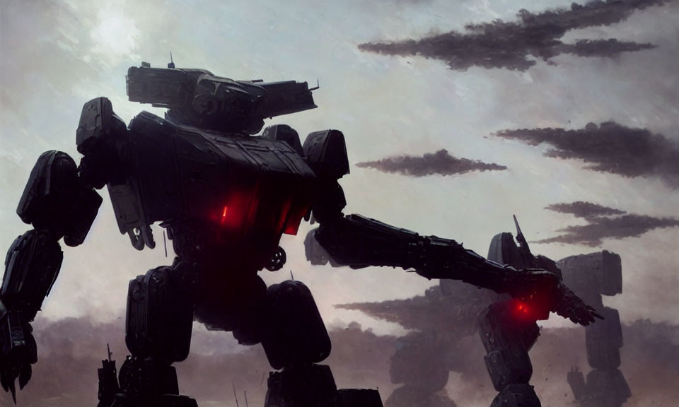 Colossal robots with glowing red eyes in a dystopian setting