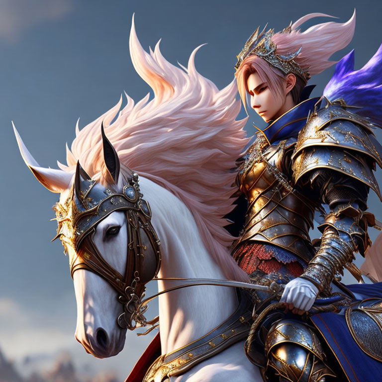 Regal figure in ornate armor riding white horse at dusk