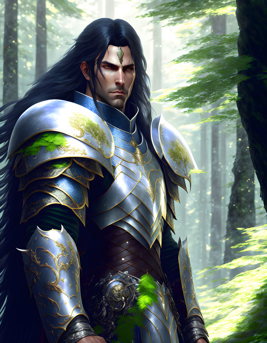 Male elf in blue & gold leaf armor in lush forest