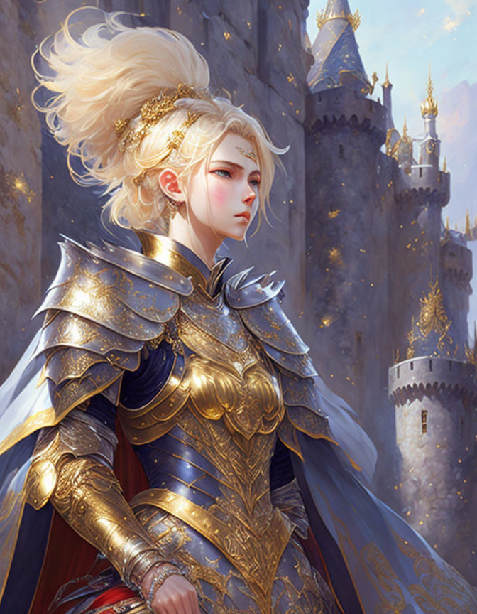 Illustrated female warrior in golden armor with crown and blond hair standing in front of castle.