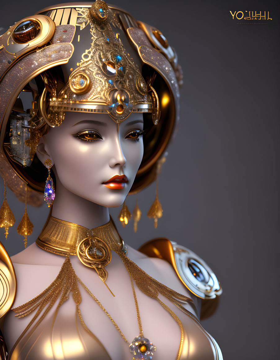 Elegant female figure with golden jeweled headpiece in 3D portrait