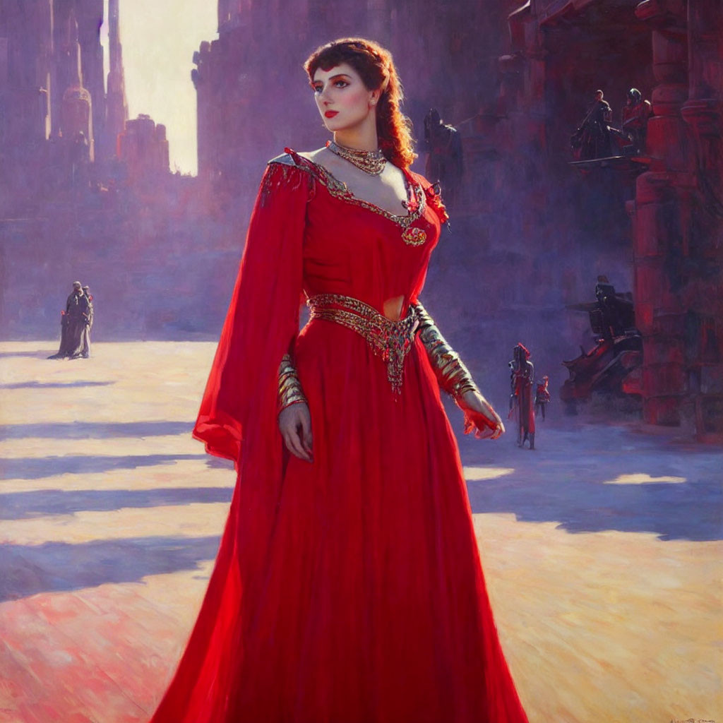 Woman in red dress in fantasy setting with towers and figures in armor