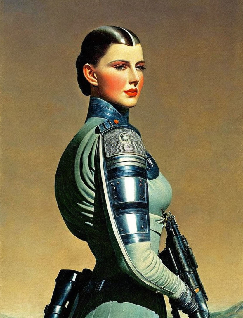 Futuristic armor woman with mechanical arm in vintage sci-fi style