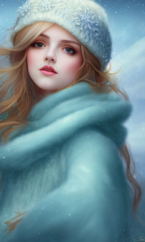 Portrait of young woman with blue eyes in winter attire against snowy backdrop