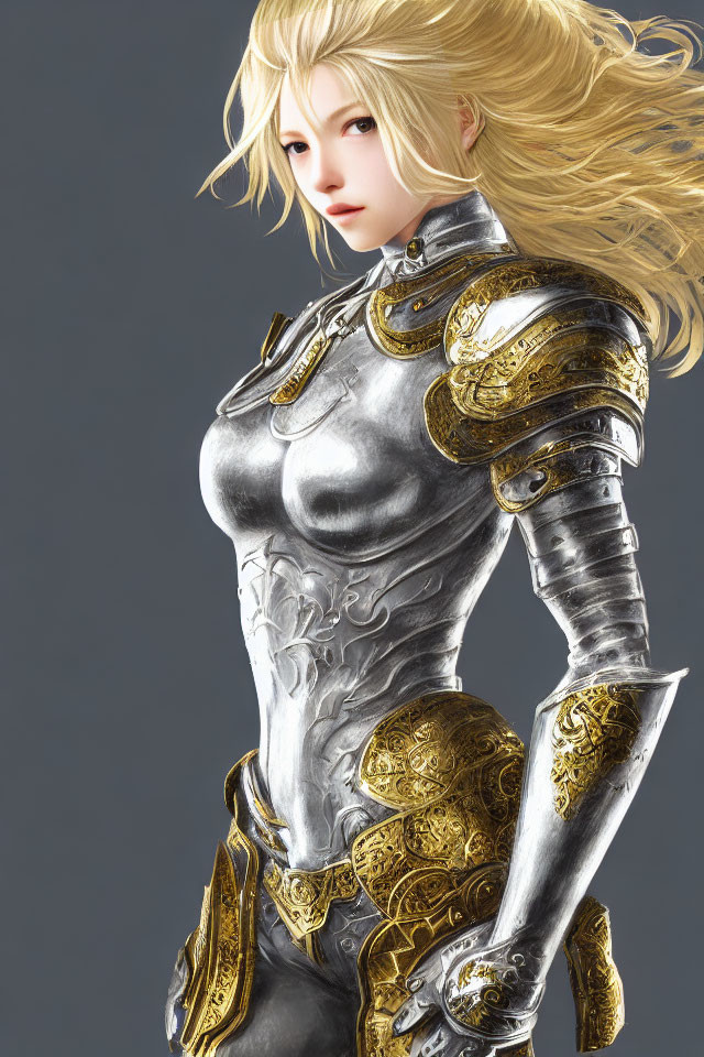 Blonde-haired female character in silver armor on grey background