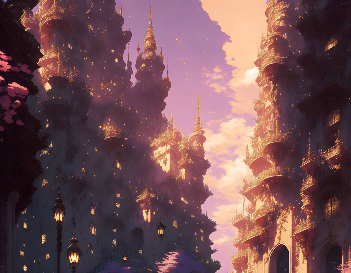 Fantastical cityscape with towering spires and ornate buildings at sunset