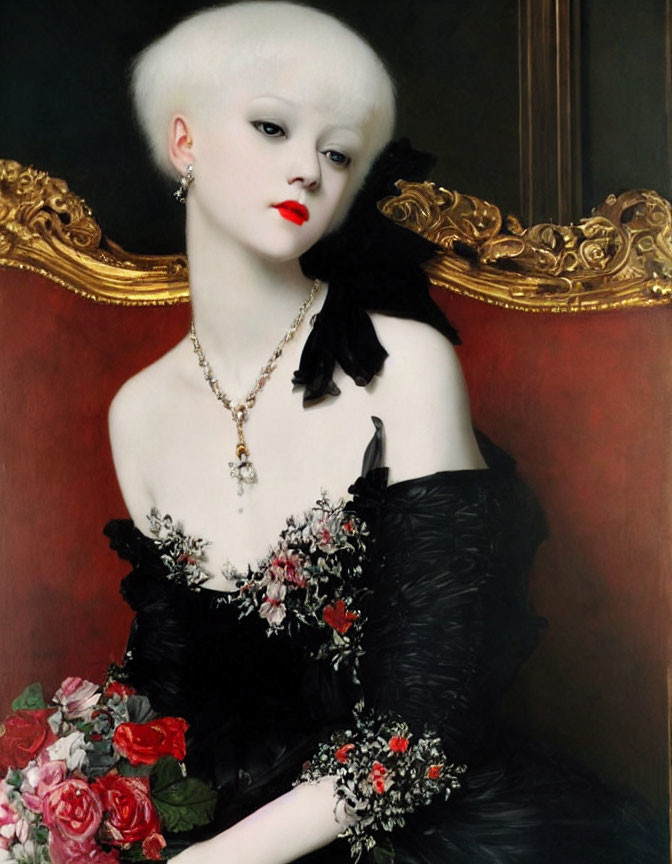 Pale woman with platinum blonde hair in black floral dress holding red roses