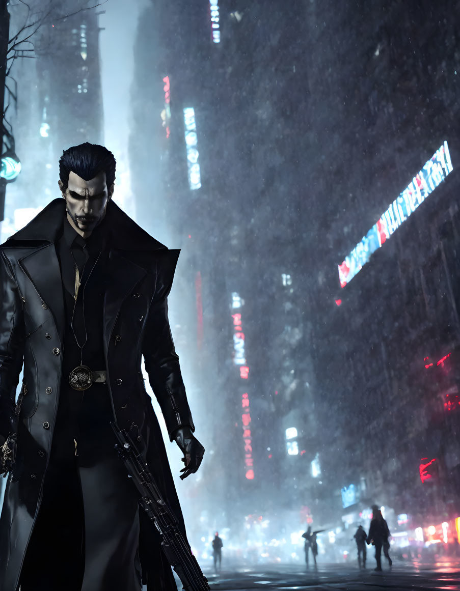 Male character with slicked-back hair in long coat holding firearm in snowy urban street